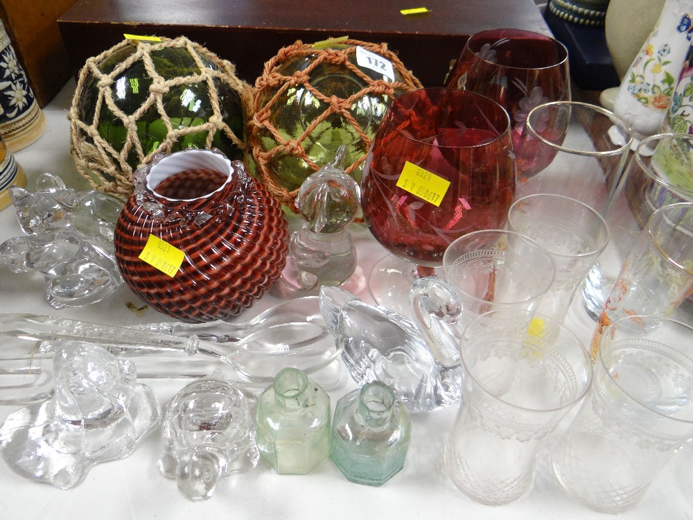 Two glass floats and sundry items of glassware