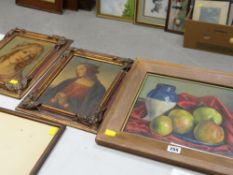 Pair of reproduction religious icons and a still life painting