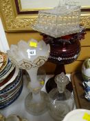 Two nineteenth century etched glass decanters, two glass vases etc