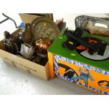 A box of metalware including fireside items and a modern children's toy box