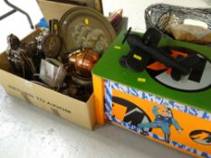 A box of metalware including fireside items and a modern children's toy box