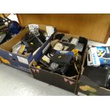 Nine boxes / crates of electrical components, tools, garage items and household items etc