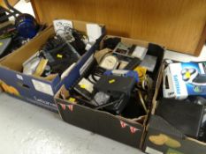 Nine boxes / crates of electrical components, tools, garage items and household items etc