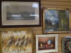 A framed antique print Grand National Steeple Chase, framed oil on canvas of race horses and jockeys