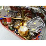 A quantity of metalware, wooden bowls etc