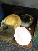 Five various head dress including riding helmet and bonnet