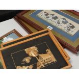 Two Rajasthan paintings on cloth and three further framed pictures