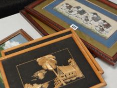 Two Rajasthan paintings on cloth and three further framed pictures