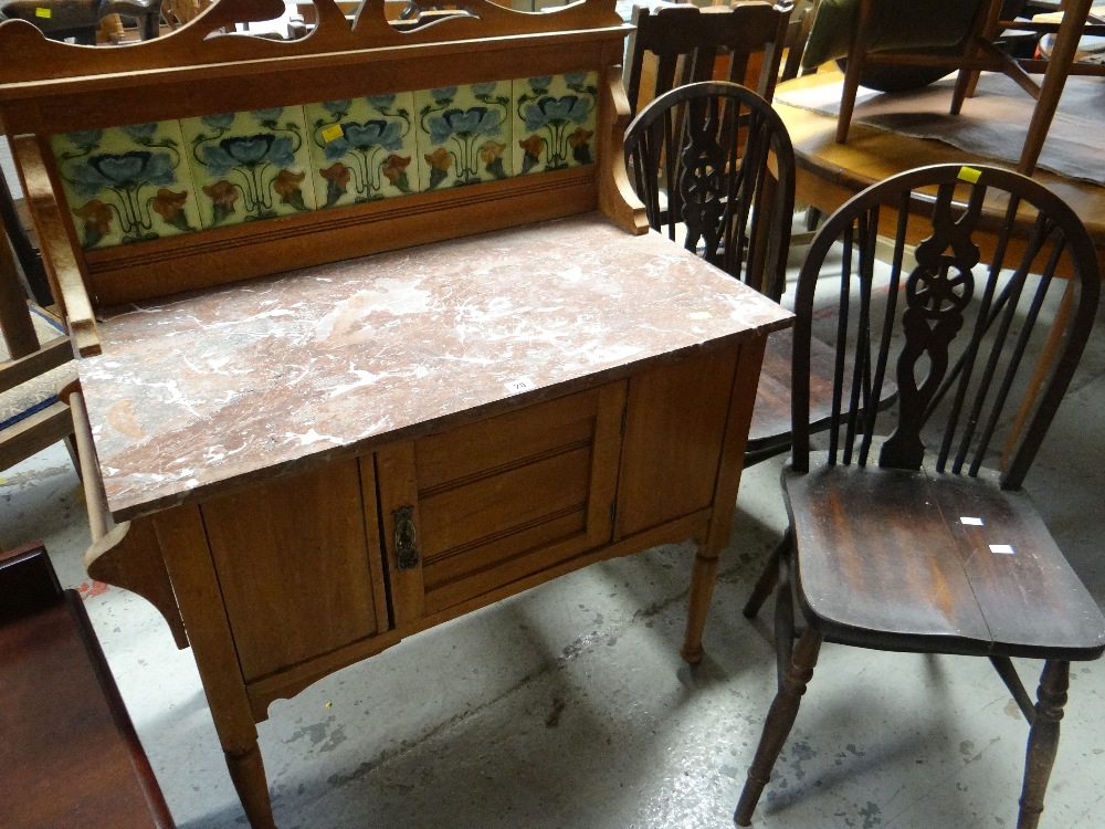 An antique marble top and tile back wash stand together with two farmhouse chairs