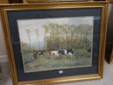 (Reginald) Harry Austin (famous Royal Worcester porcelain painter) watercolour of cows in a field,