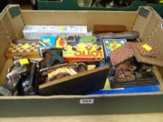 A box of collectables including old games, set of weights, tools etc