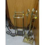 A square based brass umbrella stand, brass fire companion set etc