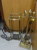 A square based brass umbrella stand, brass fire companion set etc