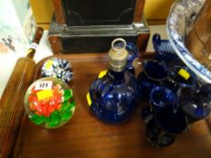 A parcel of Bristol blue glassware and two glass paperweights