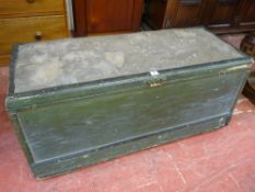 AN ANTIQUE PINE LIDDED BOX in original livery with Art Nouveau carry handles, 47 cms high, 107 cms