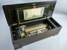 A SWISS MADE VICTORIAN CYLINDER MUSIC BOX, playing ten airs on a lever wind 11 ins cylinder and comb