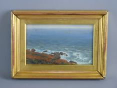 ENGLISH SCHOOL oil on board - clifftop rocky coastalscape with distant boats, 11.5 x 19.5 cms