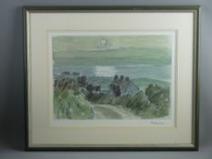 SIR KYFFIN WILLIAMS RA coloured print - track with coastal cottages at sunset, signed in full, 33.