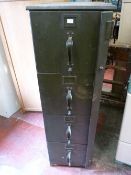 A VINTAGE HIGH SECURITY FOUR DRAWER METAL FILING CABINET, 128 cms high, 30 cms wide, 62.5 cms deep