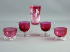 FIVE PIECES OF VICTORIAN CRANBERRY GLASS to include a Mary Gregory beaker having 'Dear Cook'