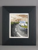WYN HUGHES acrylic on board - rural lane with whitewashed cottage, signed with initials, 21.5 x 16.5