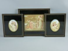 THREE 19th CENTURY SILKWORK & PAINTED PICTURES to include a pair of bonneted ladies, with gilt