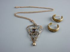 A NINE CARAT GOLD HEART SHAPED AND SCROLLED SEED PEARL PENDANT WITH CHAIN, 4.7 grms and a pair of