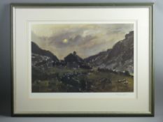 SIR KYFFIN WILLIAMS RA coloured print - Snowdonia farmstead at sunset, signed in full, 37 x 52 cms