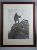 SIR KYFFIN WILLIAMS RA coloured print - farmer on a hilltop with his two sheepdogs, signed in