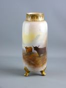 A CROWN DEVON HAND PAINTED VASE, signed G Cox, the cylindrical vase with decorative collar on