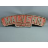 A REPLICA BRASS SCHOOL'S CLASS LOCOMOTIVE NAMEPLATE 'Malvern', 77 cms wide, the SR 929 Malvern