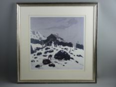 SIR KYFFIN WILLIAMS RA coloured print - farmer with his dogs by a hillside cottage under snow,