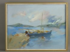 ENGLISH SCHOOL oil on board - lake scene with yachtsman, indistinctly signed, 35 x 45 cms