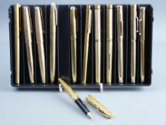 TWELVE GOLD & GOLD COLOURED VINTAGE FOUNTAIN PENS, including a Mabie Todd & Co Swan nine carat