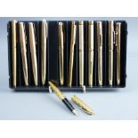 TWELVE GOLD & GOLD COLOURED VINTAGE FOUNTAIN PENS, including a Mabie Todd & Co Swan nine carat