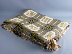 A MUSTARD COLOURED TRADITIONAL WELSH WOOLLEN BLANKET with 'Derw' label, 232 x 160 cms approximately