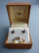 A CLOGAU GOLD HEART DECORATED RING, 1.7 grms and a pair of Clogau Gold heart shaped earrings with