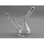 A CUT GLASS SPANISH WINE PORRON with silver mounted stoppers, the body facet and cross hatch cut