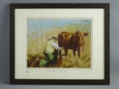 ANWEN ROBERTS coloured limited edition (7/20) print - farmer and cow, signed and entitled 'Mr