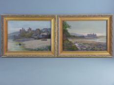 OILS ON CANVAS, a pair - Conwy Castle and surrounding area, indistinctly signed, 24 x 34 cms