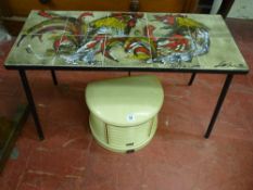A RETRO TILED TOP SIDE TABLE and a stylish HMV heater, the rectangular top table with ten tiles