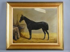 J T HADEN oil on canvas - study of a standing black horse in a stable, signed and dated 1891, 40 x