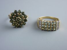 A FOURTEEN CARAT GOLD DRESS RING with three bands of five tiny green stones and a nine carat gold