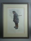 SIR KYFFIN WILLIAMS RA coloured print - standing farmer with stick, signed in full, 53 x 35 cms