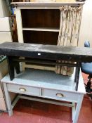 THREE ITEMS OF VINTAGE PAINTED FURNITURE including a formica top two drawer kitchen table with cross