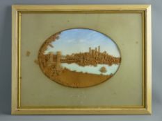 CIRCA 1900 FRAMED OVAL CORK WORK - depiction of Conwy Castle, 20 x 29 cms