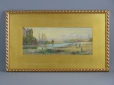 J HUGHES CLAYTON watercolour - shoreline scene with boats and cockle pickers, signed, 14 x 35 cms