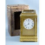 A 19th CENTURY FRENCH GRANDE SONNERIE GIANT CARRIAGE CLOCK, the gilt brass gorge case with concave