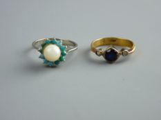A WHITE GOLD OR PLATINUM (unmarked) PEARL DRESS RING, 3 grms and a believed nine carat gold dress