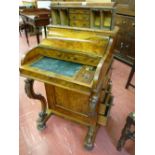 A VICTORIAN BURR WALNUT PIANO TOP DAVENPORT with pop-up stationery compartment, the interior with